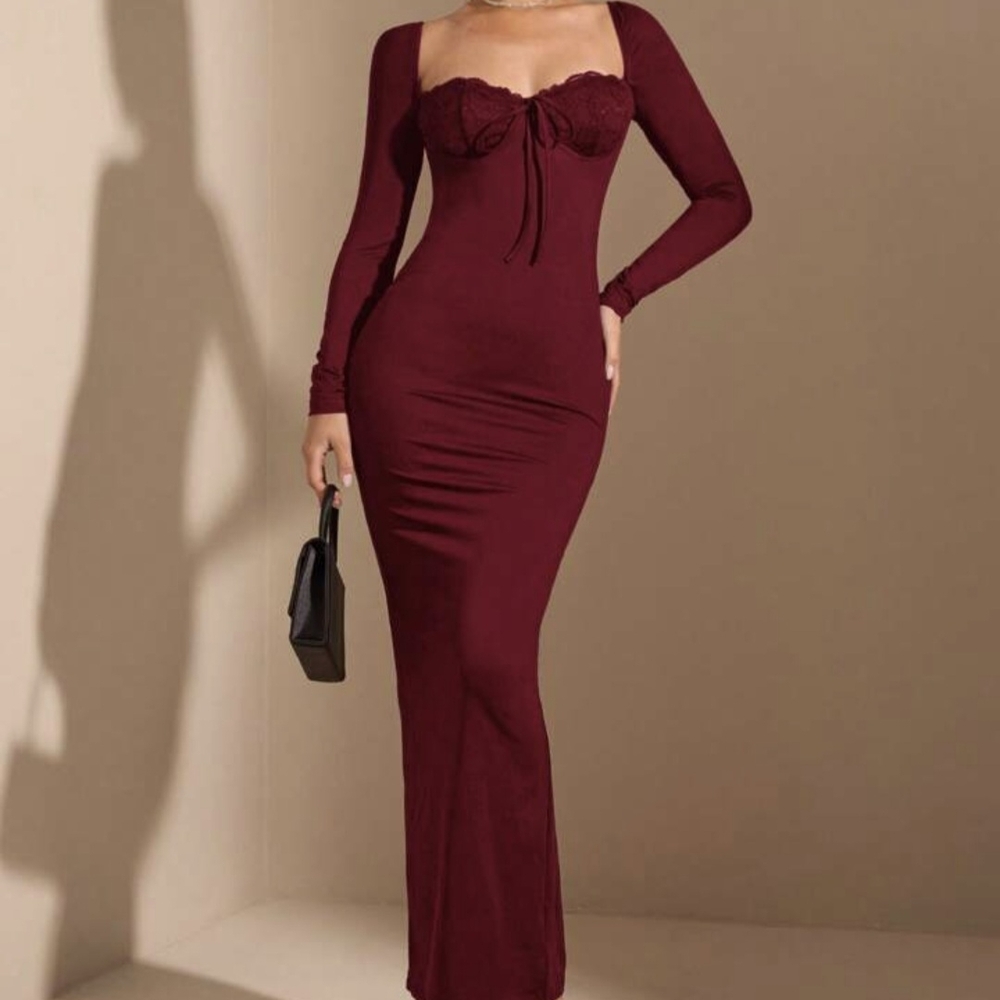 Burgundy Long Sleeve Sweetheart Maxi Dress Bust Cup Fall Winter Bridesmaid Date